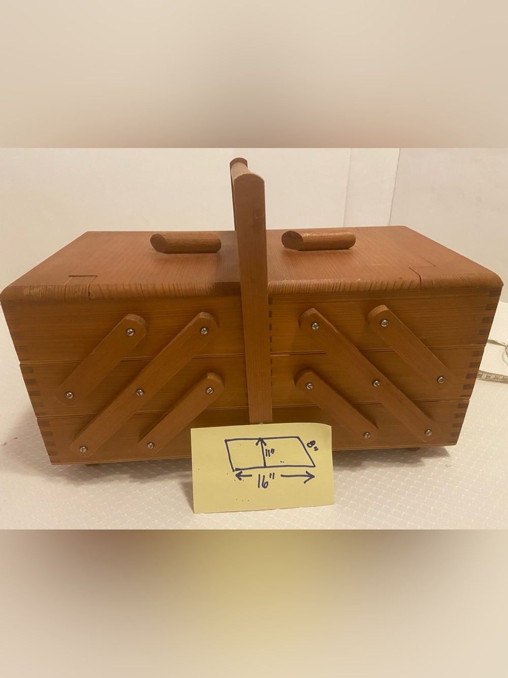 Wooden Fold-Out Sewing/Storage Box, signs of use & age.